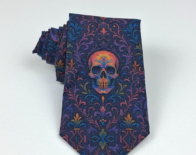 Faded Gothic Skull Necktie Dark Floral Mens Statement Tie