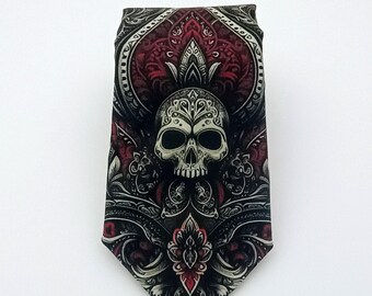 Elegant Gothic Skull Necktie with Red and Black Baroque Style for Unique Men's Fashion