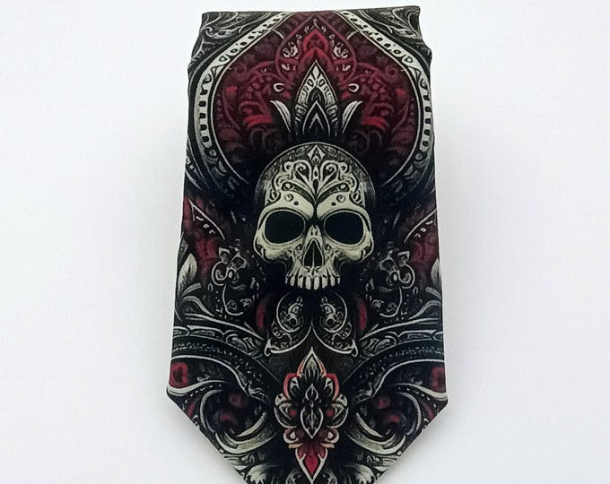 Elegant Gothic Skull Necktie with Red and Black Baroque Style for Unique Men's Fashion
