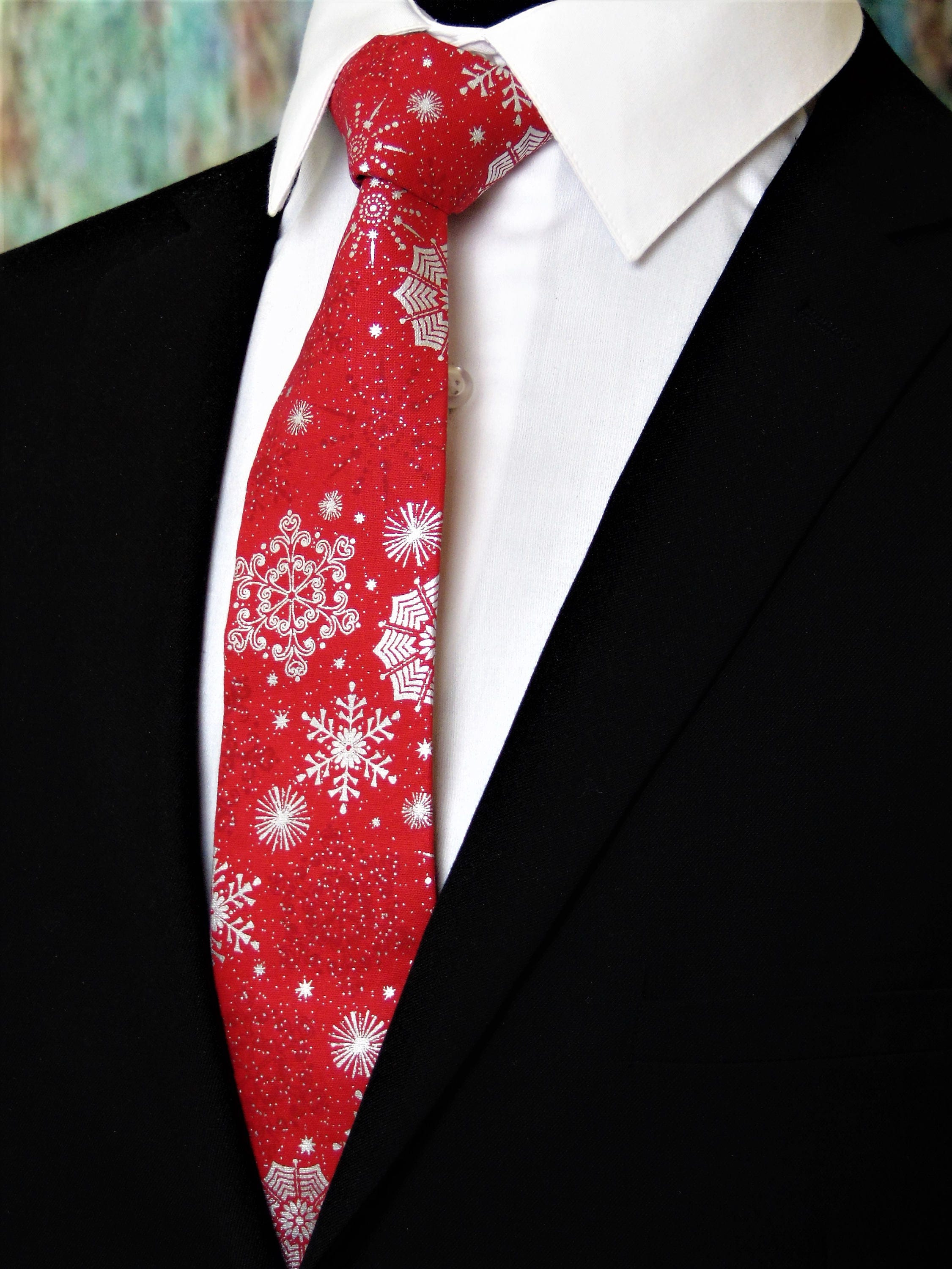 Red Christmas Tie Mens Red and Silver Snowflake Necktie, Also