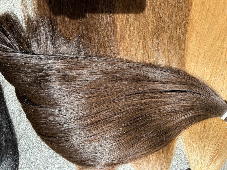 May include: A long, straight strand of dark brown human hair.