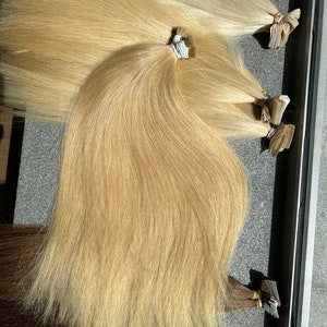 May include: Multiple strands of light blonde human hair extensions. The hair is straight and appears to be very long. The extensions are attached to wefts with a clear adhesive tape.