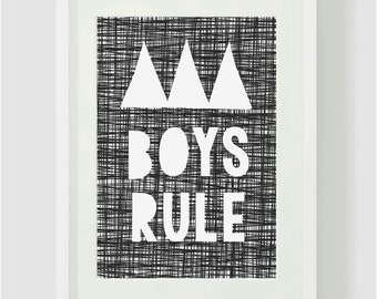 Boys Rule, Kids Wall Art, Kids Prints, Instant Download, Printables, Black and White, Monochrome, Kids Bedroom, Childrens Decor