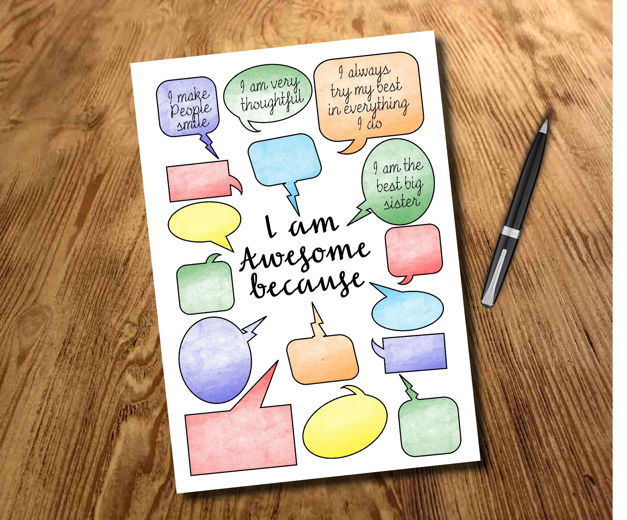 Kids Self Esteem Worksheet I Am Awesome Because Positive Etsy