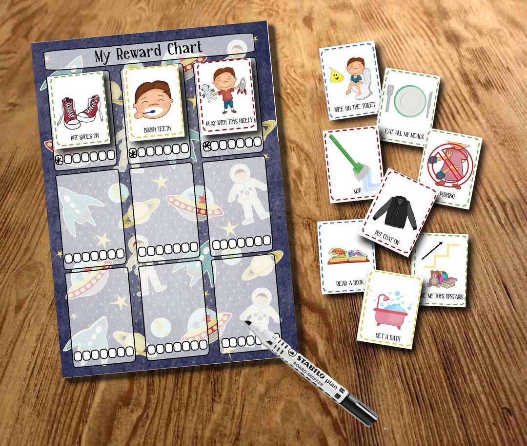 Kids Star Chart With Picture Cards, DIY Reward Chart, Space Star Chart ...