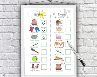 Kid's, Morning and Evening, Routine Chart, printable, toddlers, visual schedule, checklist, family organisation, kids planner, Autism