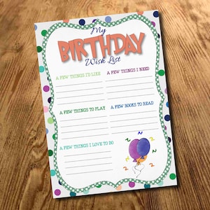 Lista de deseos de regalos de cumpleaños, Carta de cumpleaños para niños, Lista de regalos para niños, Lista de regalos, Regalos de fiesta de cumpleaños, Imprimible, Descargar, Archivo digital