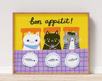 Bon Appetit Kittens Print: Retro Cat Kitchen Wall Art