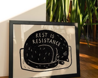 Black Cat Art Print, Rest is Resistance, Cat Poster