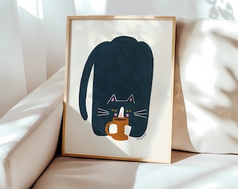Tuxedo Cat Holding Mug Wall Art Print, Kitchen Decor, Unframed