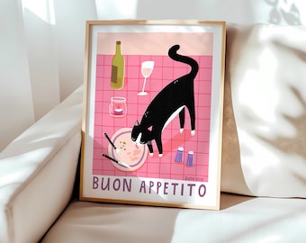 Buon Appetito Tuxedo Cat Print Kitchen Dining Physical Print 8x10 11x14 12x16 16x20