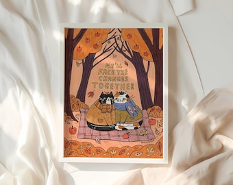 Autumn Changes Cat Illustration, Fall Decor Physical Print 8x10 11x14 12x16