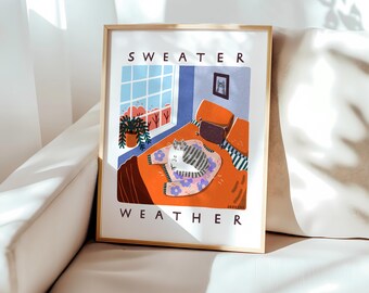 Sweater Weather Autumn Fall Cat Wall Art 8x10 11x14 12x16 16x20
