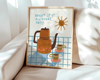 Teapot Positivity Print, 70s Inspired Kitchen Wall Art, Unframed Poster