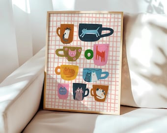Cat Mug Painting Collection Wall Art Print, Kitchen Decor, Unframed