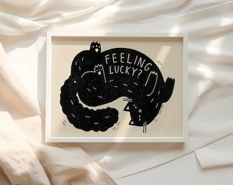 Feeling Lucky Black Cat Art Print - Quirky Cat Lover Gift