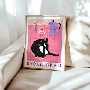 May include: A framed illustration of a black and white cat sitting on a pink tiled floor. The cat is licking its paw. There is a purple coffee pot and a cup of coffee on the floor. The illustration is titled "Buongiorno".