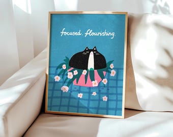Cat in Flowerpot Art Print: Tuxedo or Ginger Cat Motivational Poster