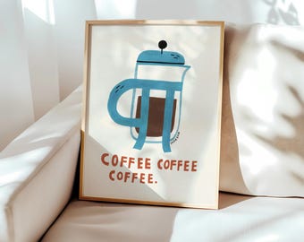 Coffee Poster French Press Wall Art Print, Kitchen Dining Decor, Unframed