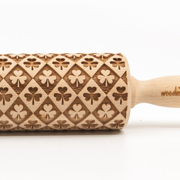 No. R084 CLOVER Shamrock Embossing rolling pin, Engraved Rolling Pin, Embossed Rolling Pin, Wooden Rolling pin