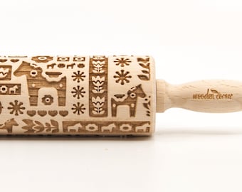 No. R261 Dala horse MIX - Embossing Rolling pin, engraved rolling pin (no. 261etniczn)