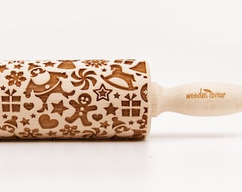 No. R221 CHRISTMAS MIX 2 pattern, Rolling Pin, Engraved Rolling, Rolling Pin, Embossed rolling pin, Wooden Rolling pin