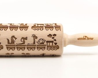 No. R087 HAPPY ANIMAL TRAIN - for kids Embossing Rolling pin, engraved rolling pin (no. 87)