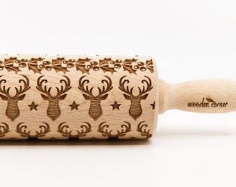 No. R222 REINDEER'S HEAD- Rolling Pin, Embossed rolling pin, Wooden roller engraved, Embossing Cookies, Wooden Toys,Stamp, Baking Gift