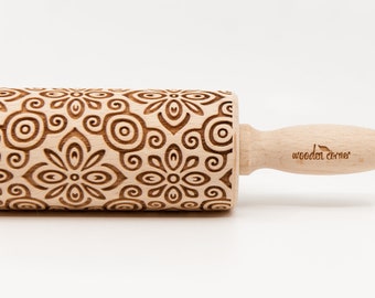 No. R143 AZTEC FLOWERS pattern, Rolling Pin, Engraved Rolling, Rolling Pin, Embossed rolling pin, Wooden Rolling pin