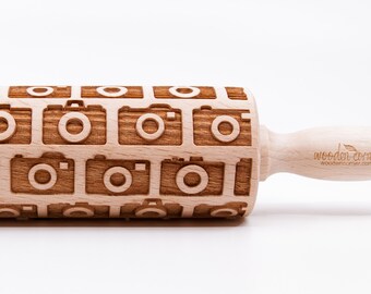 No. R292,CAMERA SYMBOLS , Embossed rolling pin, Wooden roller engraved, Embossing Cookies, Wooden Toys,Stamp, Baking Gift, Birthday