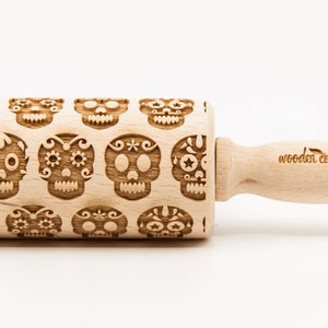 No. R181 SUGAR SKULL 2 Rolling Pin, Embossed rolling pin, Wooden roller engraved, Embossing Cookies, Wooden Toys,Stamp, Baking Gift image 1