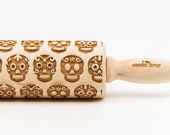 No. R181 SUGAR SKULL 2 - Rolling Pin, Embossed rolling pin, Wooden roller engraved, Embossing Cookies, Wooden Toys,Stamp, Baking Gift