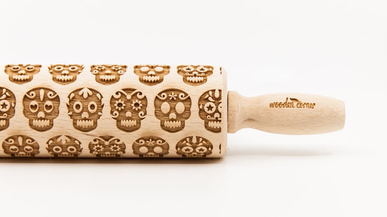 No. R181 SUGAR SKULL 2 Rolling Pin, Embossed rolling pin, Wooden roller engraved, Embossing Cookies, Wooden Toys,Stamp, Baking Gift image 1