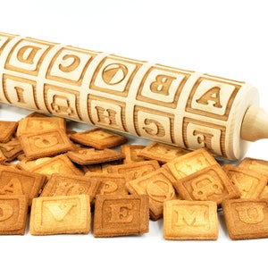 No. R190 Alphabet Blocks letters BIG size Rolling Pin, Engraved Rolling, Rolling Pin, Embossed rolling pin, Wooden Rolling pin image 3