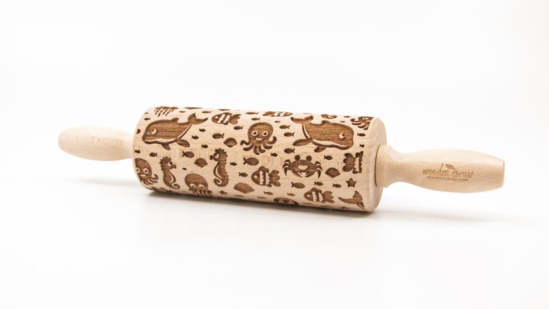 No. R282 SEA ANIMALS Rolling Pin, Embossed rolling pin, Wooden roller engraved, Embossing Cookies, Wooden Toys,Stamp image 2