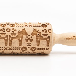 No. R262 Dala horse II - Rolling Pin, Embossed rolling pin, Wooden roller engraved, Embossing Cookies, Wooden Toys,Stamp, Baking Gift