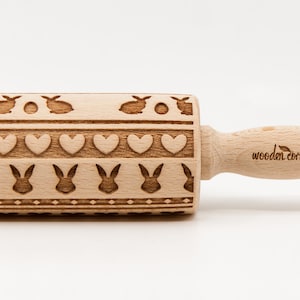 No. R138 CUTE BUNNIES Rolling Pin, Engraved Rolling Pin, Rolling Pin, Embossed Cookies, Wooden rolling pin image 1