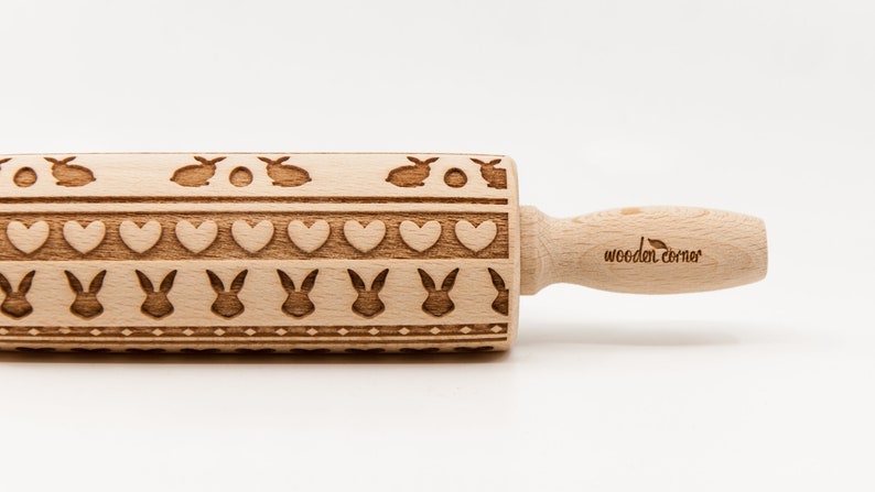 No. R138 CUTE BUNNIES Rolling Pin, Engraved Rolling Pin, Rolling Pin, Embossed Cookies, Wooden rolling pin image 1