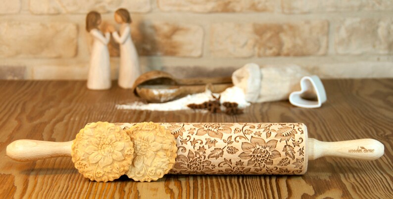 No. R024 SHABBY CHIC vintage flowers 1 Rolling Pin Engraved Rolling Pin Embossed Rolling Pin Wooden Rolling pin image 5