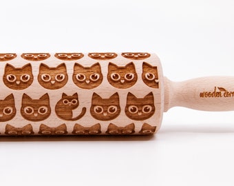 No. R098 CATS 10 pattern, Rolling Pin, Engraved Rolling, Rolling Pin, Embossed rolling pin, Wooden Rolling pin