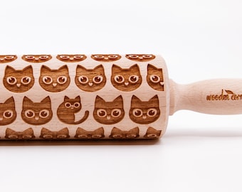 No. R098 CATS 10 pattern, Rolling Pin, Engraved Rolling, Rolling Pin, Embossed rolling pin, Wooden Rolling pin