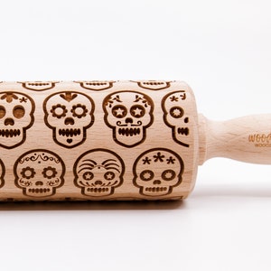 No. R051 MEXICO Skull Día de Muertos Pattern sugar skull Wooden rolling pin Roller Engraved Housewarming