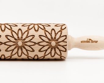 No. R021 SUMMER FLOWERS, Embossing rolling pin, Engraved Rolling Pin, Embossed Rolling Pin, Wooden Rolling pin