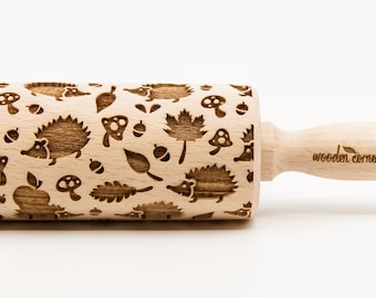 No. R183 HEDGEHOGS pattern, Rolling Pin, Engraved Rolling, Rolling Pin, Embossed rolling pin, Wooden Rolling pin