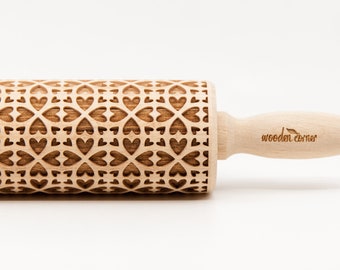 No. R151 TILES OF HEARTS pattern Rolling Pin, Engraved Rolling, Rolling Pin, Embossed rolling pin, Wooden Rolling pin