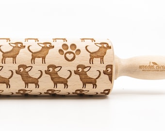 No. R114 Chihuahua Rolling Pin Engraved Rolling Pin Embossed Rolling Pin  Wooden Rolling pin