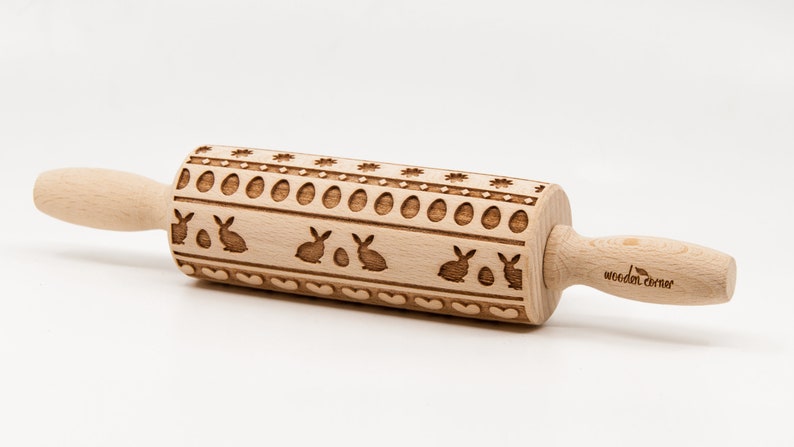 No. R138 CUTE BUNNIES Rolling Pin, Engraved Rolling Pin, Rolling Pin, Embossed Cookies, Wooden rolling pin image 2