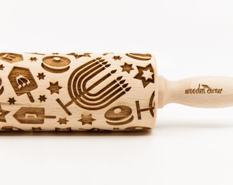 No. R303 HANUKKAH pattern, Rolling Pin, Engraved Rolling, Rolling Pin, Embossed rolling pin, Wooden Rolling pin