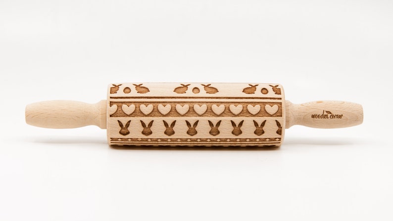 No. R138 CUTE BUNNIES Rolling Pin, Engraved Rolling Pin, Rolling Pin, Embossed Cookies, Wooden rolling pin image 3