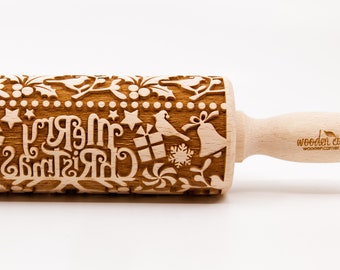 No. R377 MERRY CHRISTMAS 2 negative Rolling Pin, Embossed rolling pin,Wooden roller engraved,Embossing Cookies,Wooden Toys,Stamp,Baking Gift
